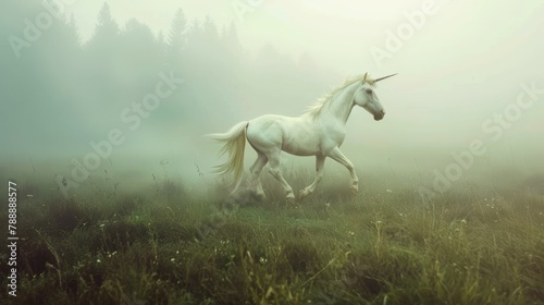 Mystical White Unicorn Galloping in Foggy Meadow - Fisheye Lens.