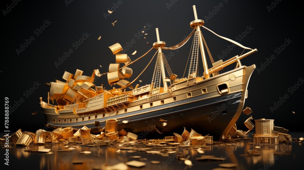 3D minimalist scene of a sinking gold bar ship, market sinking,