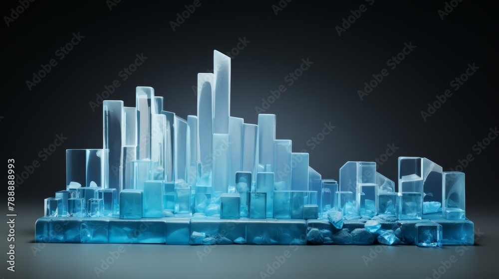 Minimalist 3D bar graphs made of ice, showing meltdown in economic conditions,