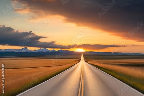 Straight road through rural landscape at sunset  Alberta  Canada Generative AI