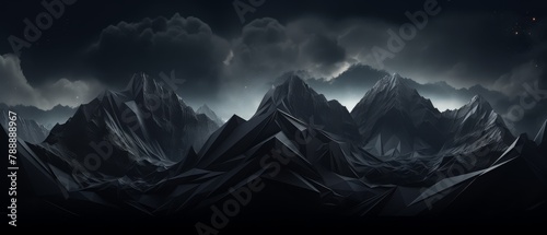 Dark, voluminous clouds over geometric mountains, 3D minimalist design, photo