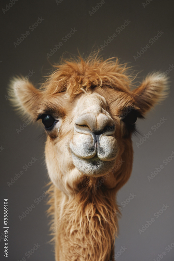 Cute Llama camel portrait, on a dark grey background, hilarious, talking, funny photo of animals, nature photo