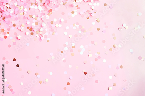 This vibrant backdrop features pink and white confetti with golden highlights, symbolizing joy and festivity on a pastel pink canvas, making it perfect for party themes and joyful announcements.