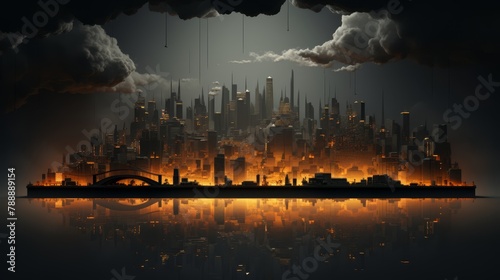 Minimalist 3D image of a dark cloud over a cityscape  economic depression visual 