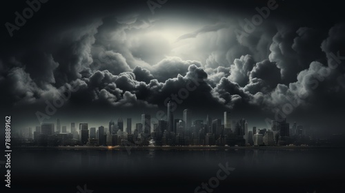 Minimalist 3D image of a dark cloud over a cityscape, economic depression visual,