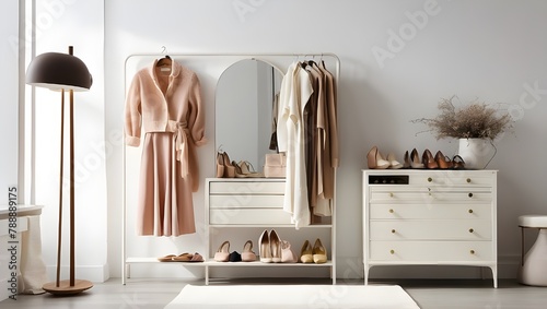 Various chic women's clothing, shoes, a lamp, and a dresser are arranged on a rack next to the room's white wall.