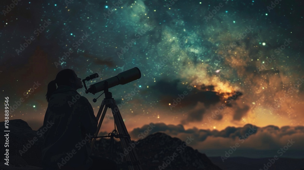 People looking at the stars through a telescope His eyes widened in surprise and fascination.