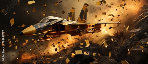Realistic 3D depiction of minimalist warplanes dropping gold bombs, high cost of warfare, photo