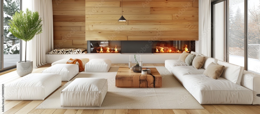 Obraz premium Large living area decorated in white and wood, featuring a contemporary fireplace and sofa.
