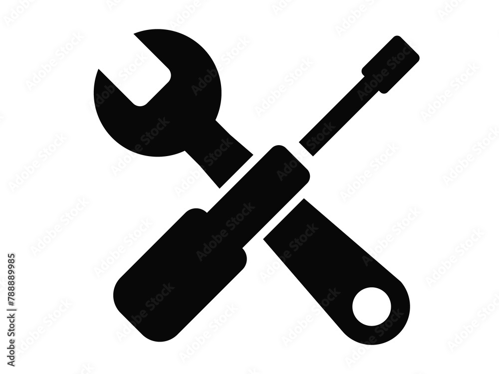 Black round screwdriver and wrench crossed tools icon, simple professional equipment flat design pictogram vector for app logo web banner button ui ux interface elements isolated on white background Black round screwdriver and wrench crossed tools icon, simple professional equipment flat design pictogram vector for app logo web banner button ui ux interface elements isolated on white background
