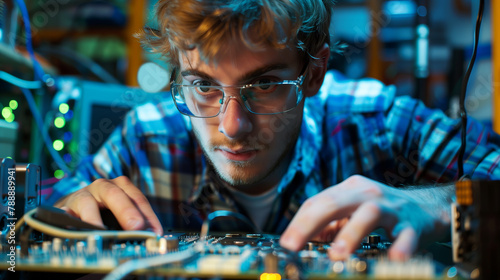 A man in a shirt is working on a computer. He is wearing glasses and he is focused on his task