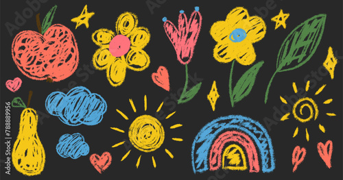 Kids chalk drawings big set. Collection freehand child baby drawn elements: sun, apple, flower, heart, cloud, star. Hand drawing scribble. Vector illustration isolated on black background