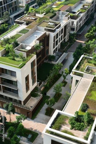 An eco-friendly residential complex with passive design features, green roofs, and community gardens promoting sustainable urban living, Generative AI