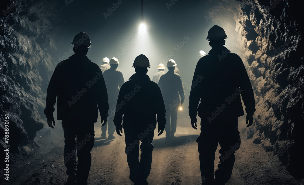 group of mine workers, backview, photo, vignette, dark mine, entering