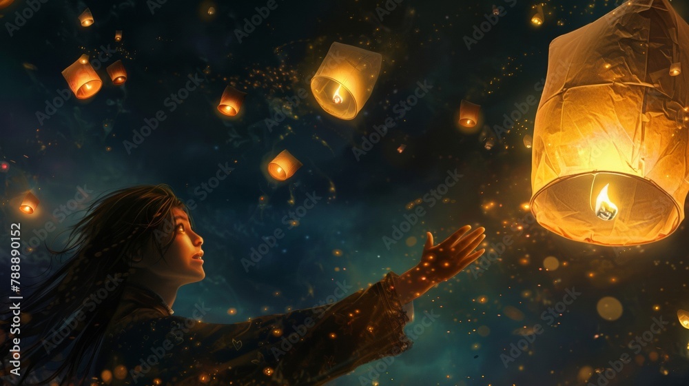 A hopeful scene where someone releases a lantern into the night sky. A hopeful scene where someone releases a lantern into the night sky.