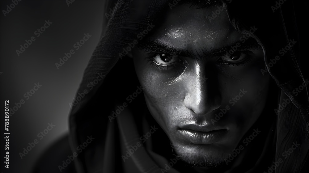 Powerful Black and White Portrait of a Resolute Young Muslim Man with Piercing Gaze and Determined Expression Powerful Black and White Portrait of a Resolute Young Muslim Man with Piercing Gaze and Determined Expression
