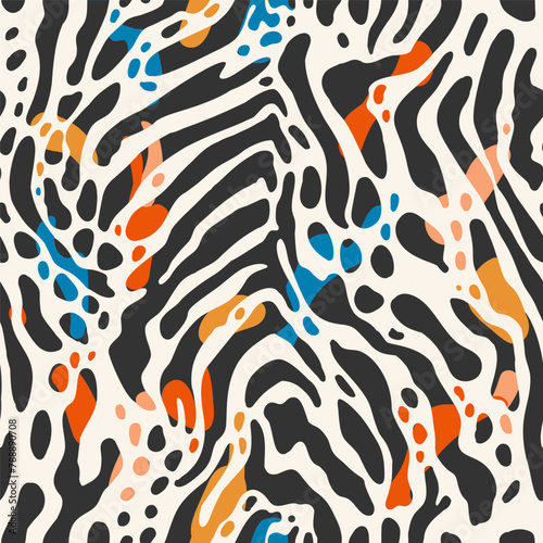 Abstract animal print pattern with orange  blue  and black spots. Seamless vector print suitable for for apparel  textile  wrapping paper  etc.
