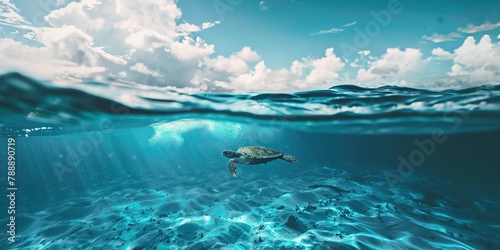 AI generated image, Half underwater shot, Tropical ocean, blue sky and clear water with a little sea turtle 