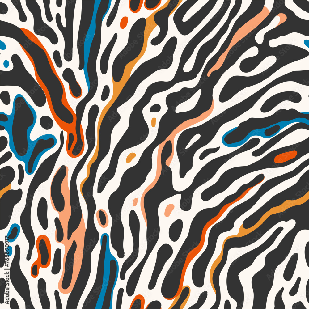Abstract zebra print in black, orange, and blue. Seamless vector pattern for apparel, textile, wrapping paper, etc. Abstract zebra print in black, orange, and blue. Seamless vector pattern for apparel, textile, wrapping paper, etc.