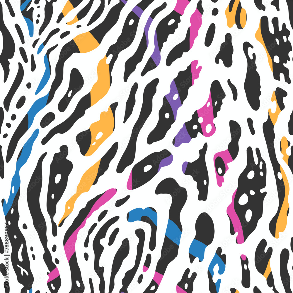 A seamless vector abstract pattern featuring a colorful zebra print design on a white background. Suitable for for apparel, textile, wallpaper, wrapping paper, etc.