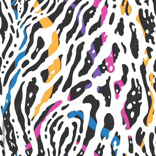 A seamless vector abstract pattern featuring a colorful zebra print design on a white background. Suitable for for apparel, textile, wallpaper, wrapping paper, etc.