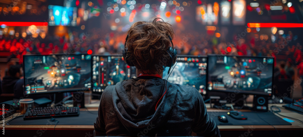 An esports event showcases the energy of gaming competition with professional players and fans in an arena setting.