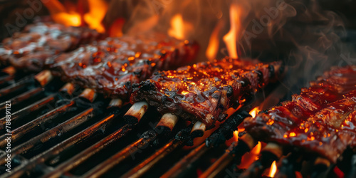 Ribs are on the grill with flames, accompanied by smoke and glaze. photo