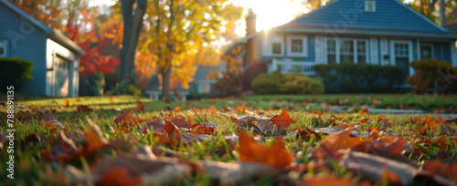 An autumn scene presents leaves on the ground and houses in the background  with natural light  sunlight  golden hour  and green grass.