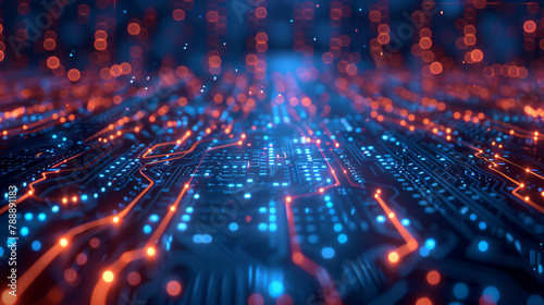 Complexity and beauty of electronic circuit paths with vibrant blue and red highlights, symbolizing the flow of information.