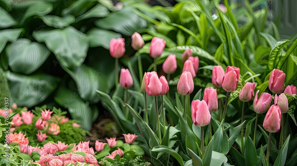 A vibrant floral display of pink tulips mingling with lush green leaves at the festive flower show A vibrant floral display of pink tulips mingling with lush green leaves at the festive flower show