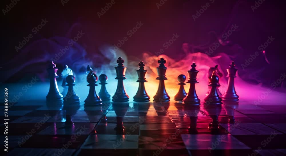 A dark, minimalist chessboard with pieces illuminated by colorful, strategic lighting A dark, minimalist chessboard with pieces illuminated by colorful, strategic lighting