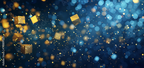 Golden and navy blue cubes fly around in an abstract background, creating a dynamic and sparkling visual effect.