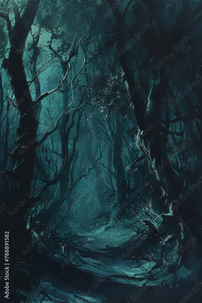 Obraz premium A dark forest with twisted trees and eerie shadows, depicted in an oil painting style, is filled with mystery and intrigue.