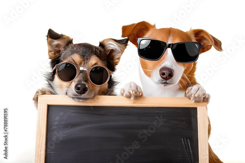 Cat and dog wearing sunglasses relaxing in the white background Dog holds blank blackboard  © Barra Fire