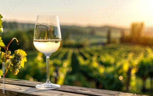 A panoramic view of the vineyard features a glass of white wine on an old wooden table  set against the backdrop of green grapevines and sunlit hills.