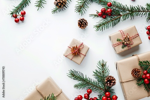 Christmas composition Gifts fir tree branches red decorations on white background Christmas winter new year concept Flat lay top view copy space
