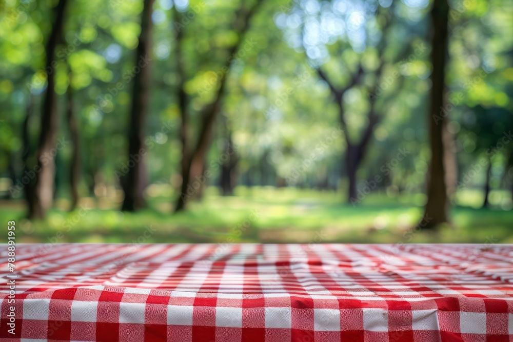 A red and white checkered tablecloth covers an outdoor picnic table, set against a blurred background of green trees in the park. A red and white checkered tablecloth covers an outdoor picnic table, set against a blurred background of green trees in the park.