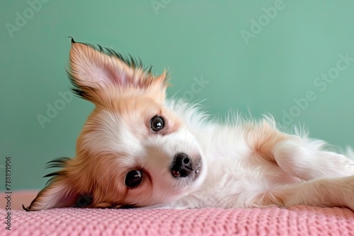 Close up video of an energetic and outgoing miniature fawn and white dog puppy reclining on a pink mat while a green wall serves as the background