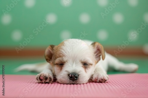 Close up video of an energetic and outgoing miniature fawn and white dog puppy reclining on a pink mat while a green wall serves as the background