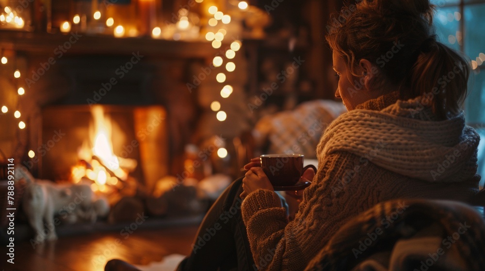 Person sitting by the fireplace, tea glass in hand Person sitting by the fireplace, tea glass in hand