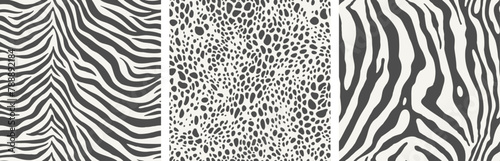 A vector set of Seamless animalistic patterns in monochrome. Modern prints featuring zebra stripes and leopard spots.