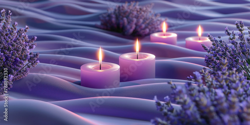 Tranquil scene of three burning candles surrounded by vibrant lavender flowers in a 3D ing