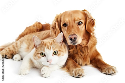 Cute dog and cat together on white background