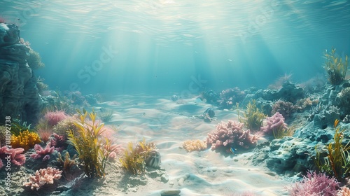 Realistic seabed with coral reef, dynamic landscape, vivid colors, desert shore, seaweed. © Anisa