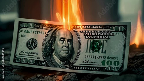 Money fiat in flames. USA dollars burning