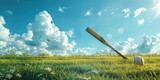 Baseball bat and ball on grassy field under blue sky and clouds