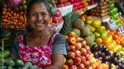 A woman stands in front of a colorful display of exotic fruits and vegetables smiling as she haggles with a vendor and carefully selects the best produce for her restaurants menu. . photo