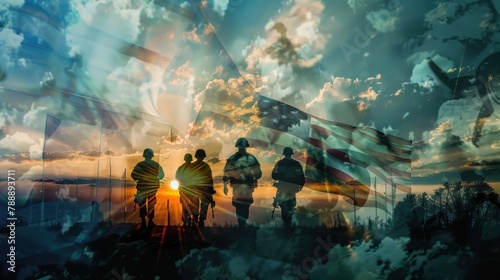 A powerful double exposure image of soldiers in silhouette overlaid with the American flag flying at half-mast