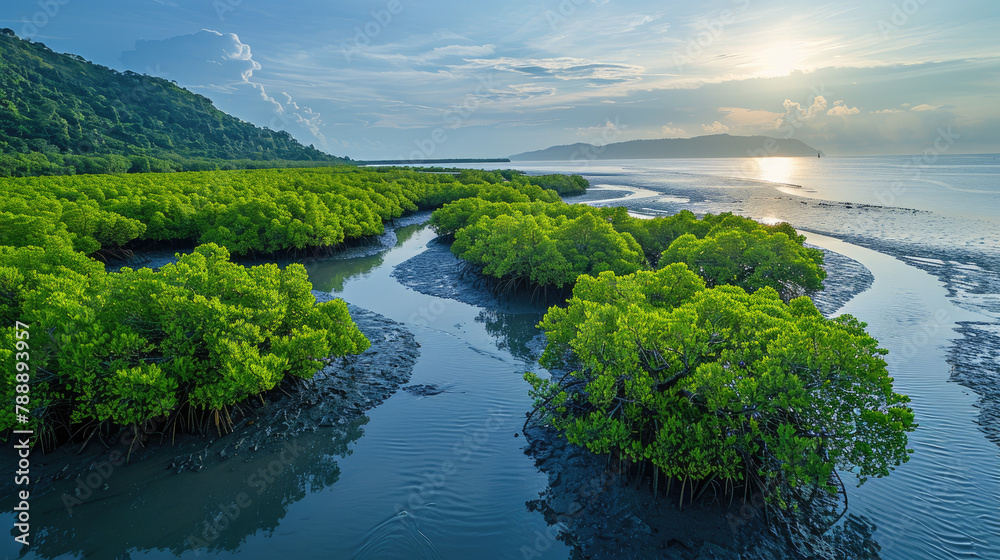 Fototapeta premium Green mangrove forest and mudflat at the coast