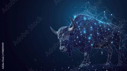 Buffalo made from points and lines on dark blue background, bull wire frame mesh polygonal AI generated